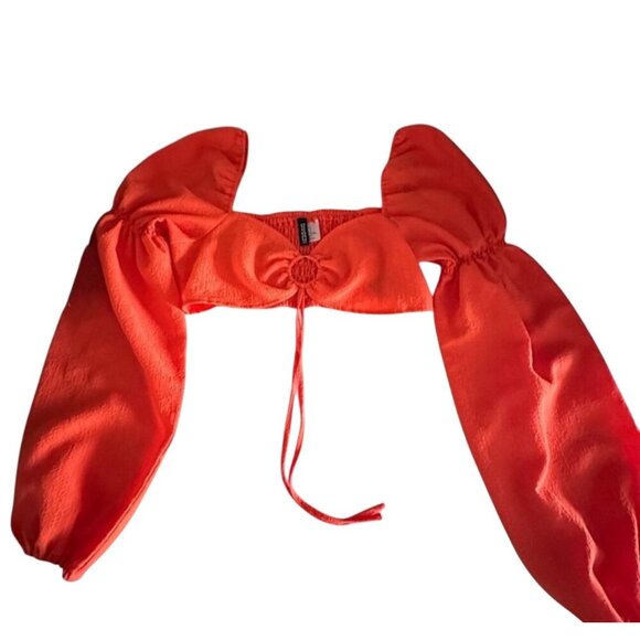 H&M Divided Womens Orange Crop Top S Square Neck Long Puff Sleeves Polyester & E - Picture 7 of 12